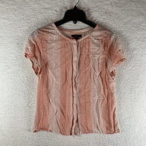 Gap Blouse Womens Medium Pink Striped 100% Cotton Hidden Button Cap‎ Sleeve 7932